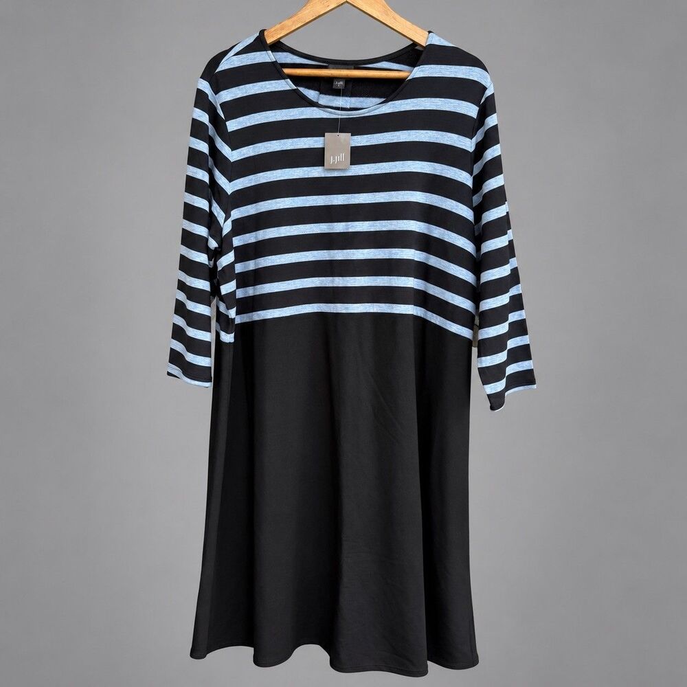 NWT J. Jill Wearever Dress XL Black Azure Heather Striped Colorblock 3/4 Sleeve